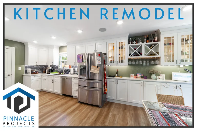 White kitchen with stainless steel appliances and the text Kitchen Remodel, Pinnacle Projects Design and Construction