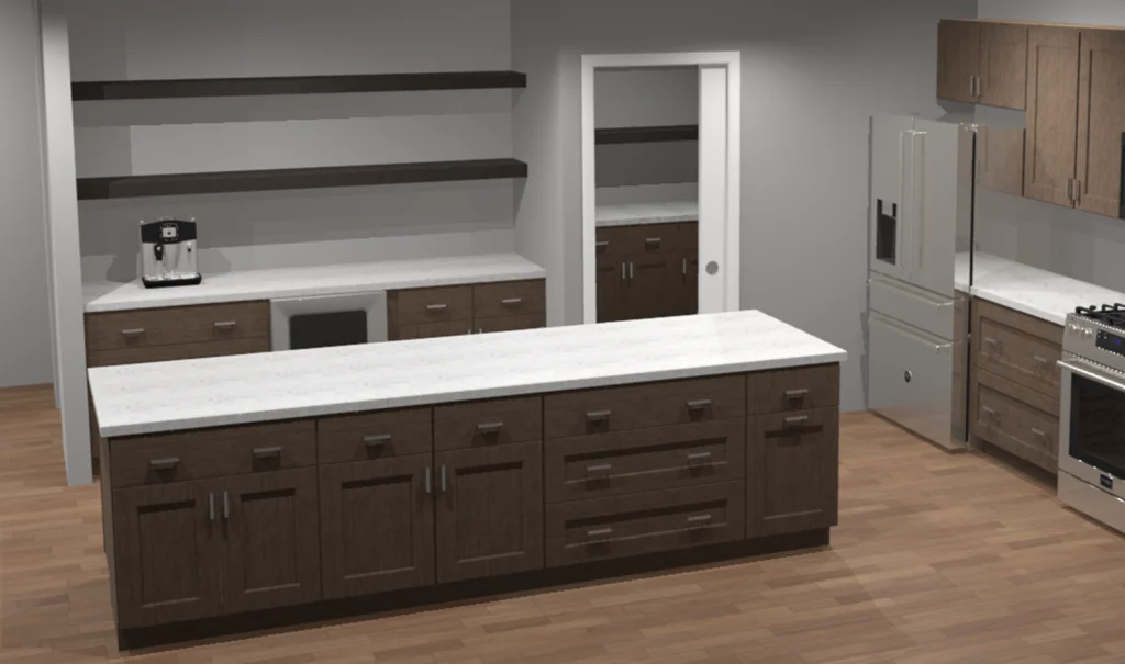 Rendered kitchen with dark wood cabinets, a white-topped island, refrigerator, stove, coffee maker and open shelves