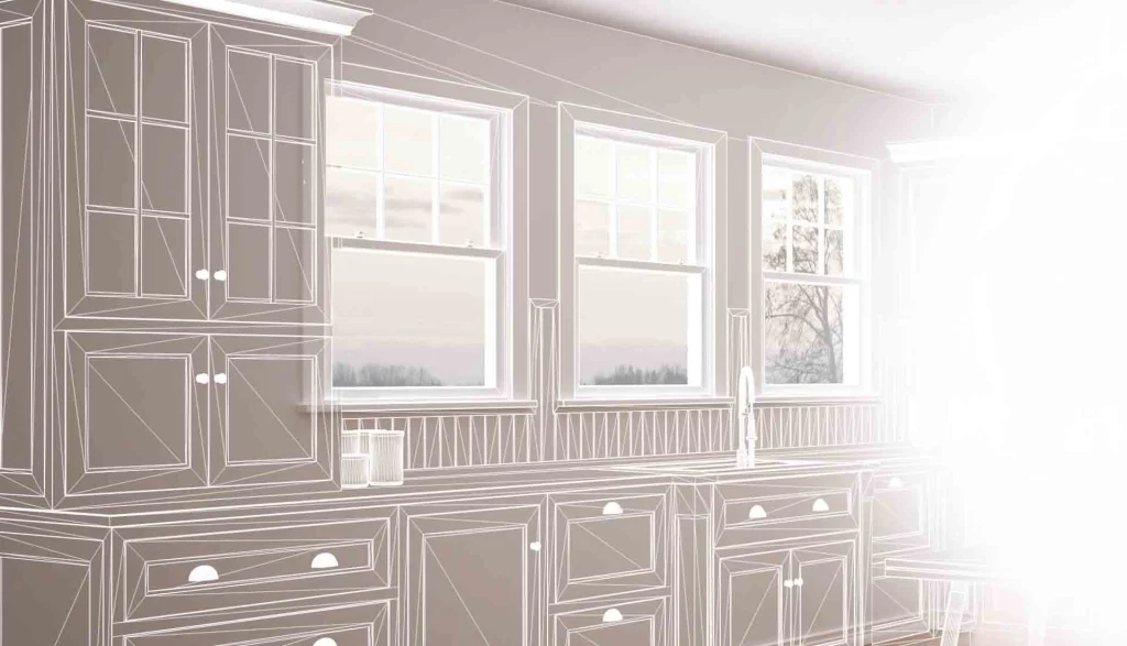 Kitchen design rendering with outlined cabinets, three windows, a sink and faucet, fading to white on the right