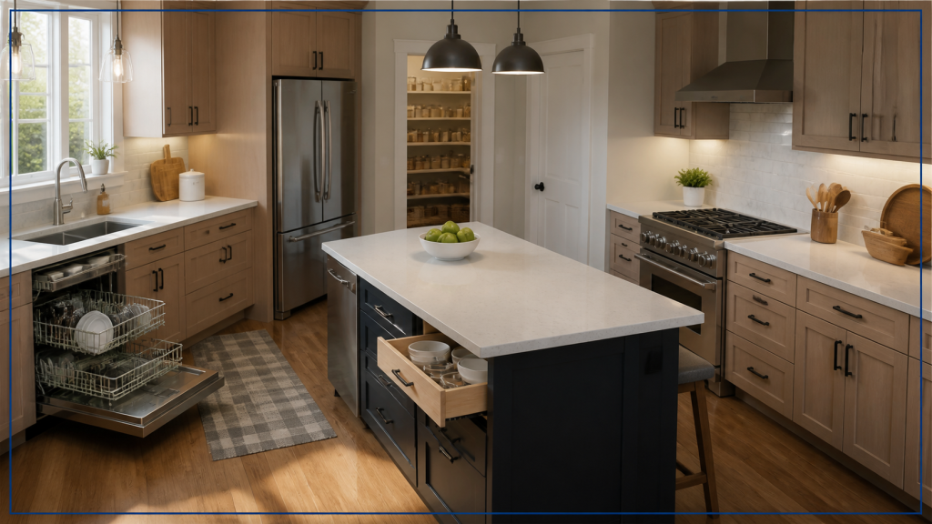 Kitchen remodel plan in Columbia, MO showing island circulation, open dishwasher, pantry storage, and task lighting