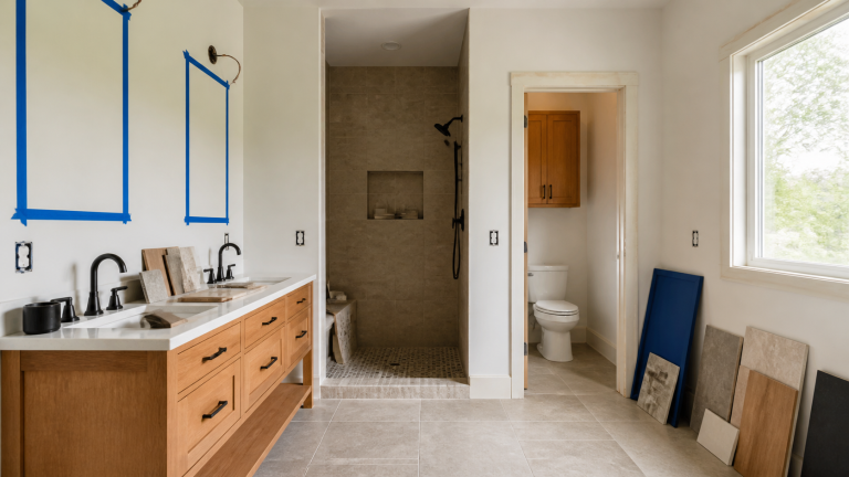 Bathroom remodel planning with shower layout, vanity placement, and tile samples.