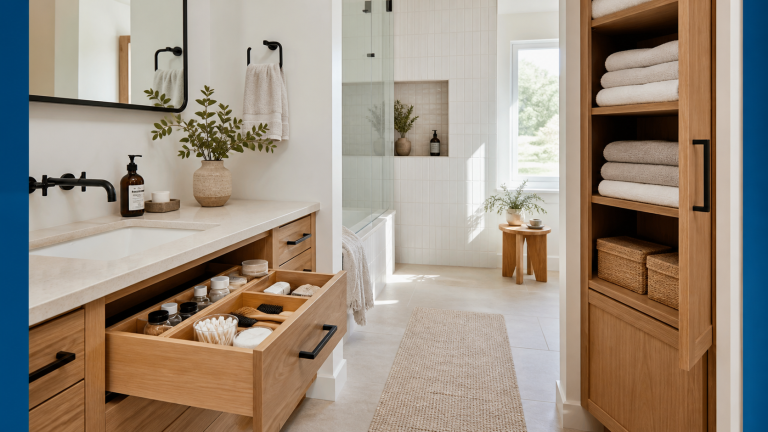 Bathroom storage with vanity drawers, cabinet space, and shower niche for daily essentials.