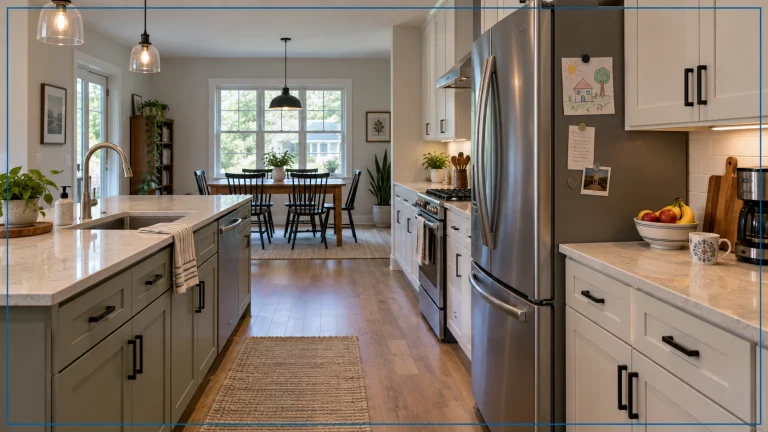 Lived-in kitchen showing landing space beside the refrigerator and the aisle between cabinet faces.