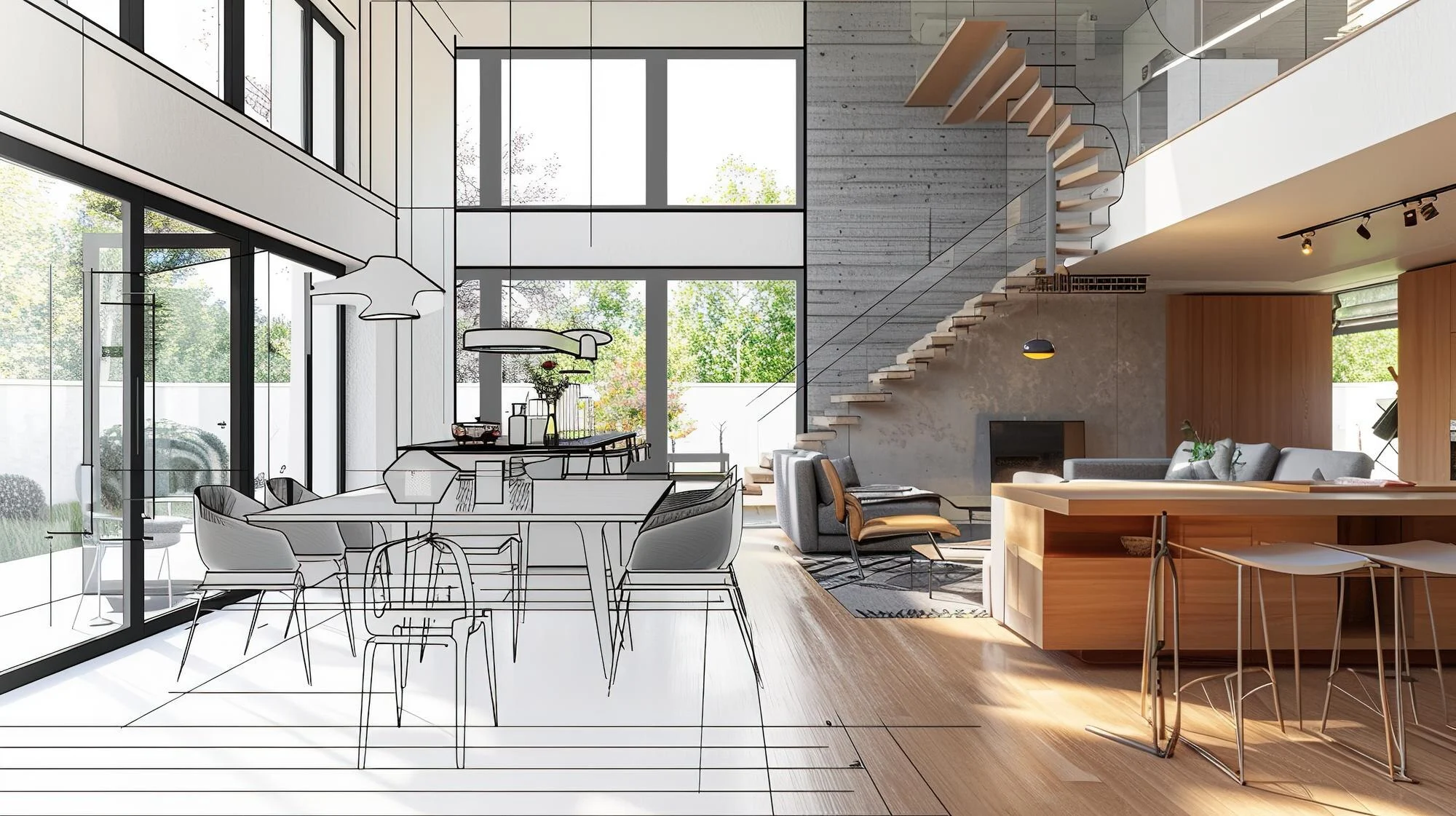 Double-height interior with large windows, dining furniture, kitchen island and floating stairs, partly shown as wireframe