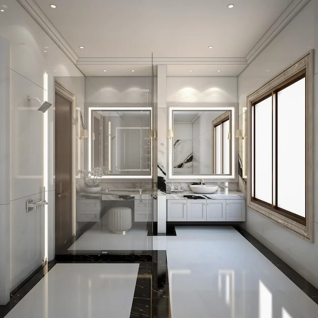 Bright bathroom with glass shower, two mirrored sinks, white cabinets, large window and black floor trim