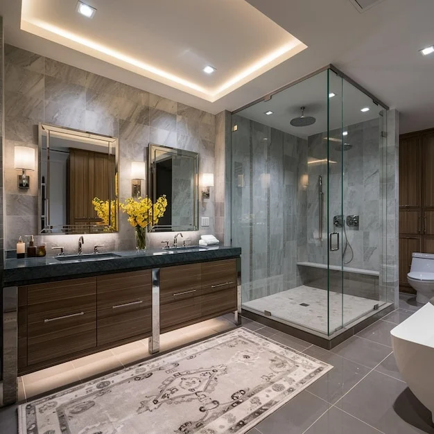 Bathroom with double vanity, two mirrors, yellow flowers, glass shower enclosure, toilet, and patterned rug
