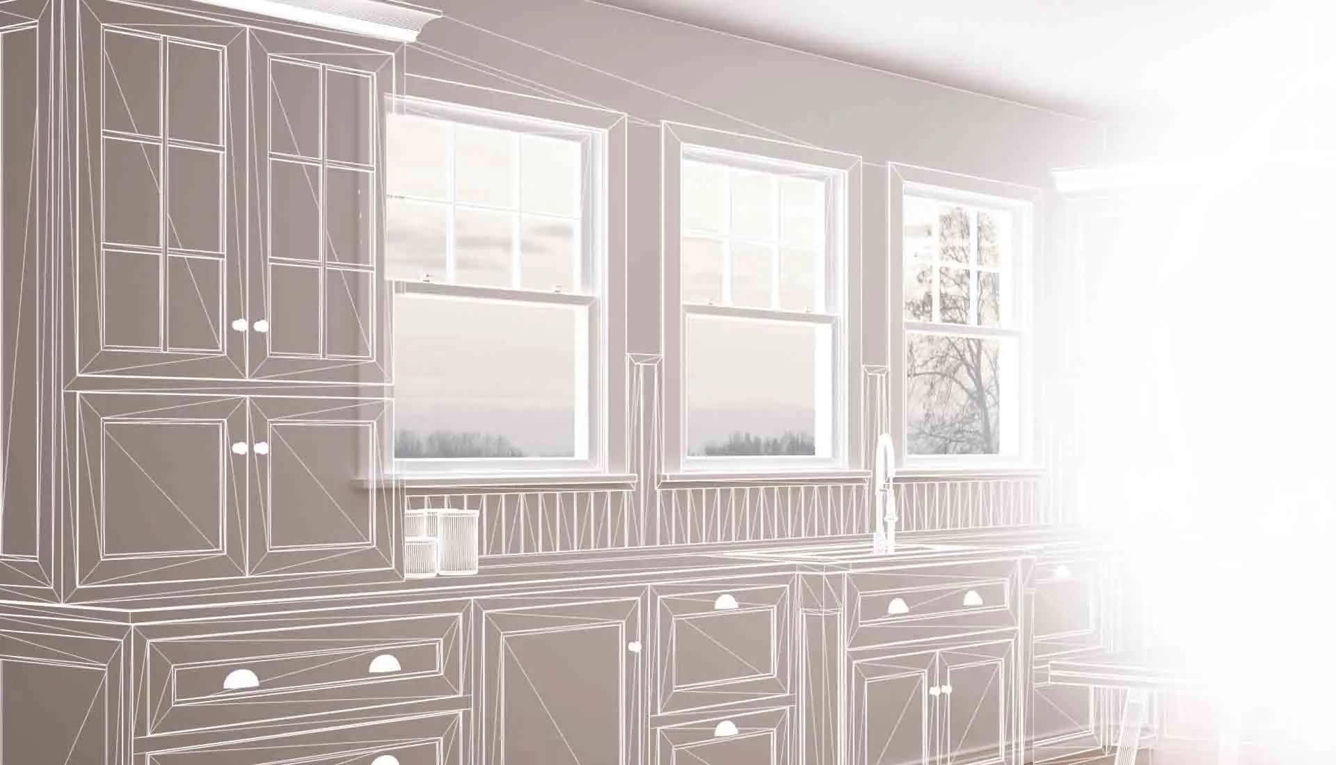 Kitchen cabinet line drawing over a photo, showing three windows, a sink, faucet, drawers and cupboards