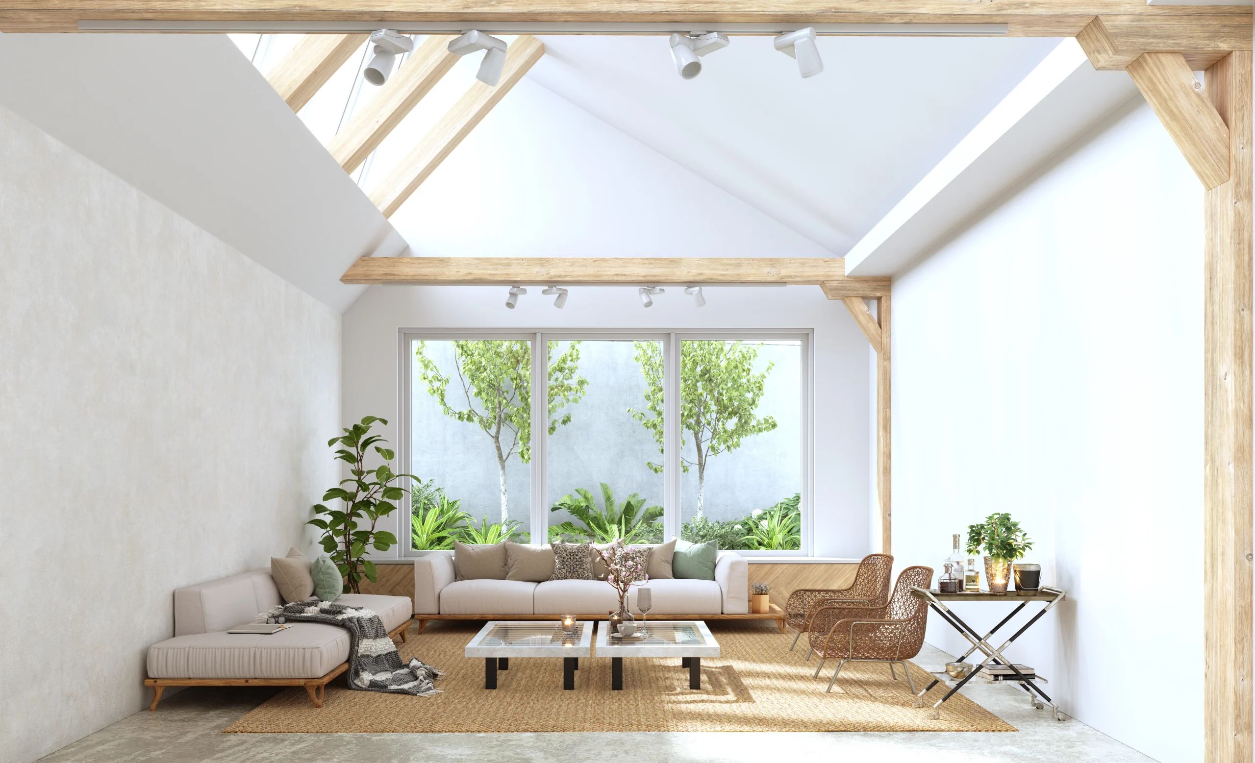 Bright living room with pale sofas, wicker chairs, glass coffee tables, plants, exposed wood beams and skylights