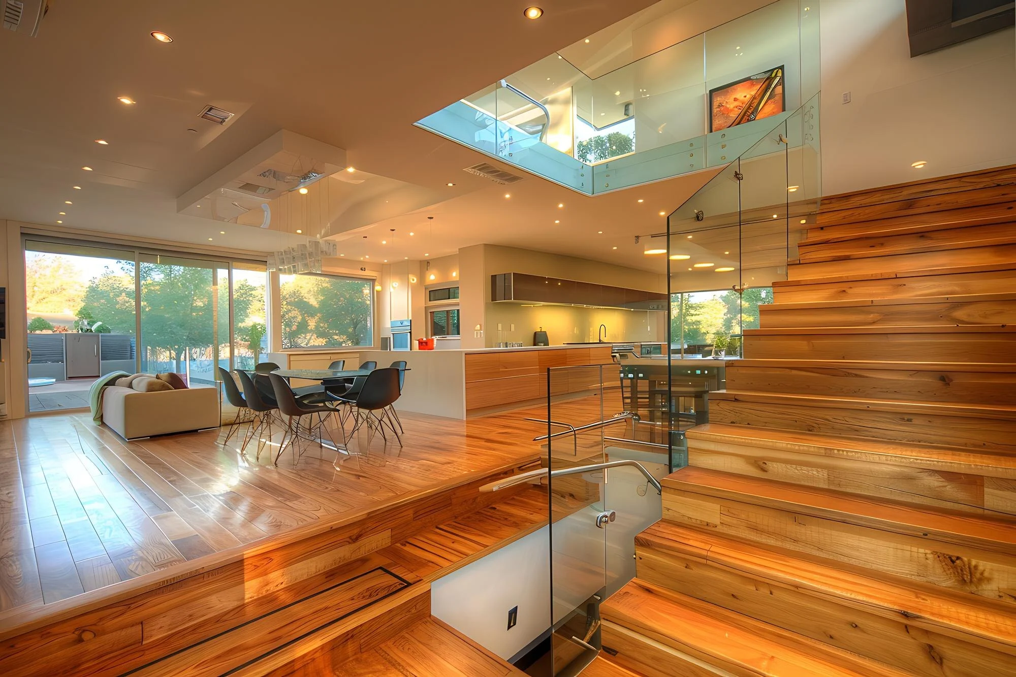 Open-plan interior with wooden stairs, glass railings, dining table, kitchen island, sofa, and large windows