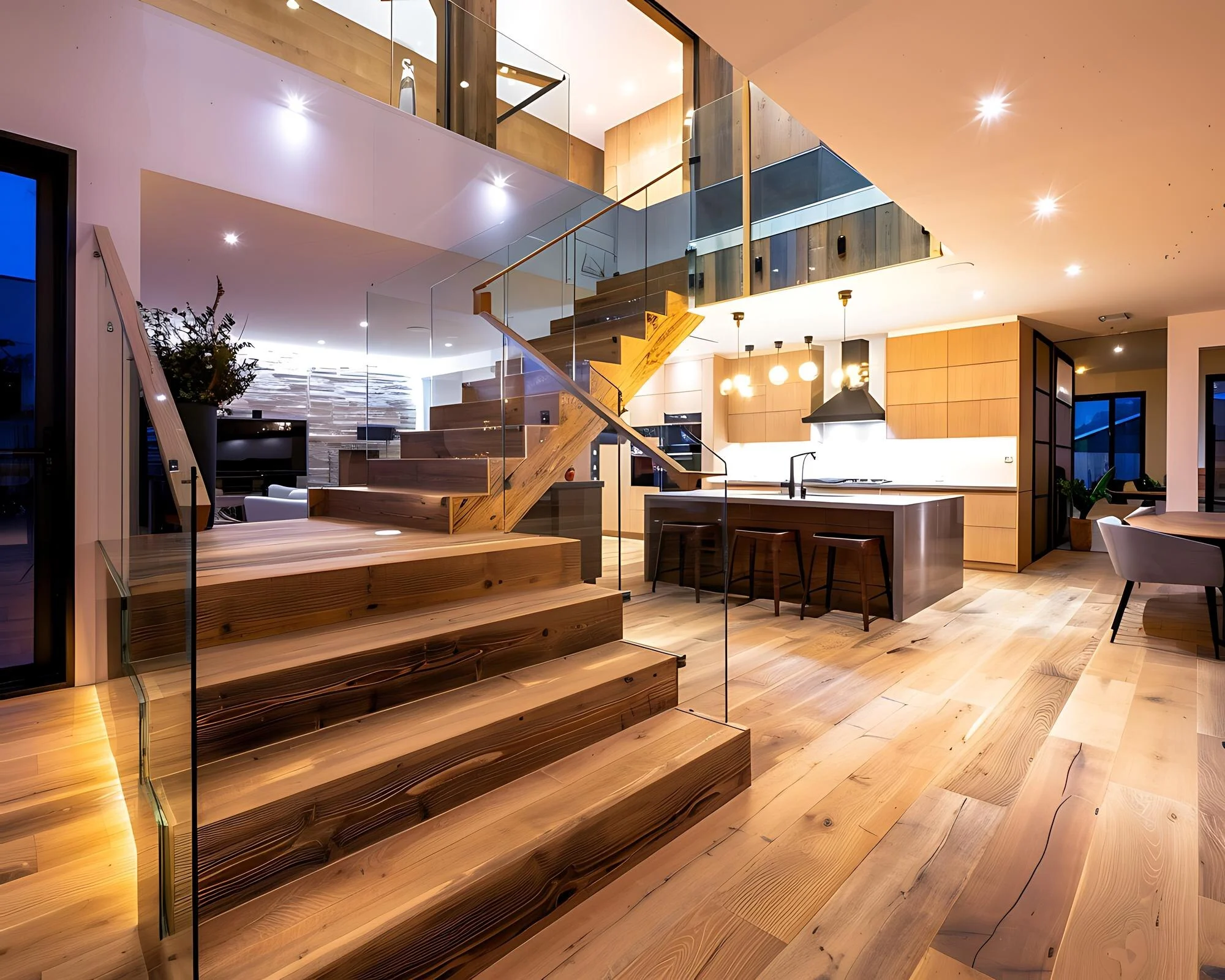 Open-plan interior with wide wooden stairs, glass railings, an upper landing, kitchen island and pendant lights