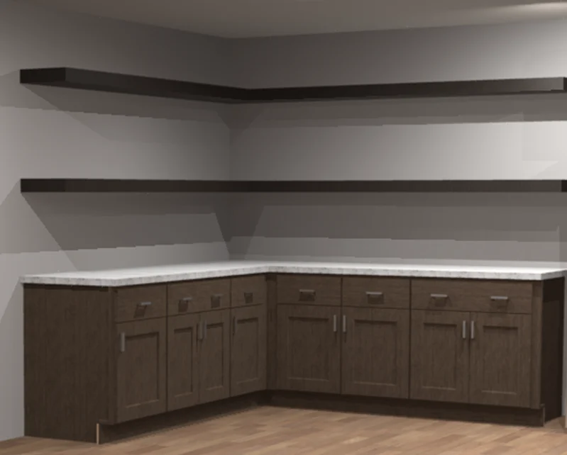 Corner counter with dark wood base cabinets, two dark floating shelves and wood flooring