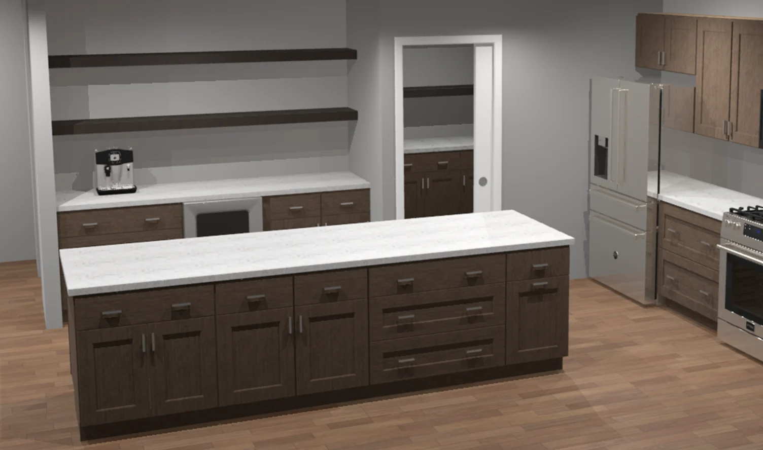 Kitchen with dark wood cabinets, white counters, island, floating shelves, refrigerator and stove