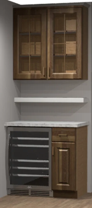 Wooden glass-front wall cabinet above a white shelf, countertop, glass-door cooler, and lower cabinet