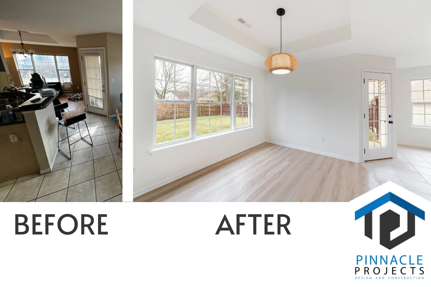 Room renovation photos labeled “BEFORE” and “AFTER” with “PINNACLE PROJECTS DESIGN AND CONSTRUCTION”
