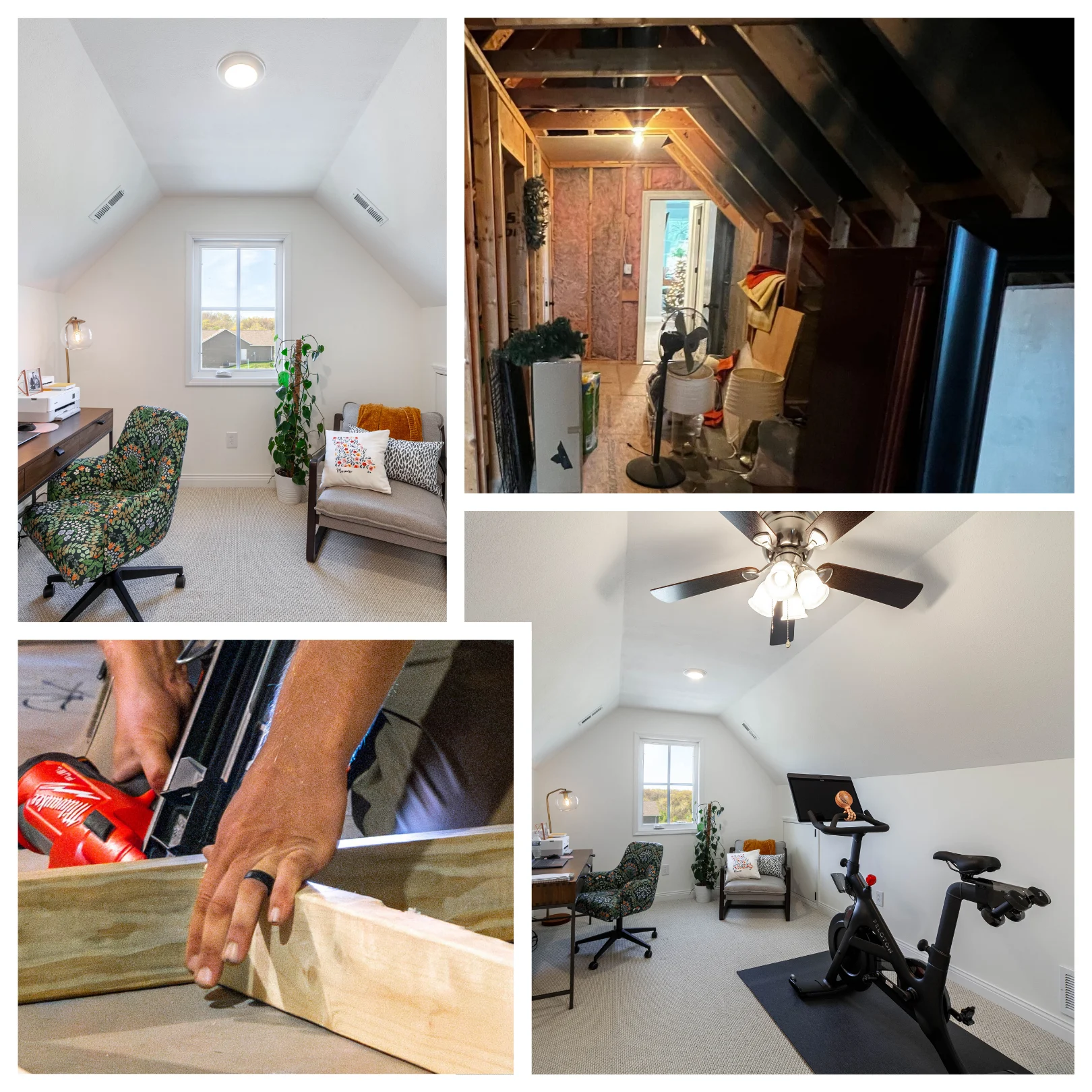 Collage of a finished attic office, exposed attic framing, hands using a nail gun, and a room with an exercise bike