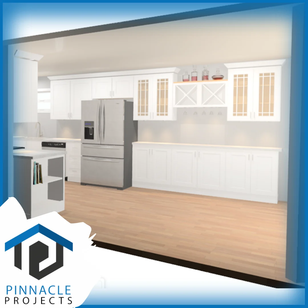 Kitchen rendering with white cabinets, stainless steel refrigerator and wood floor; “PINNACLE PROJECTS” logo