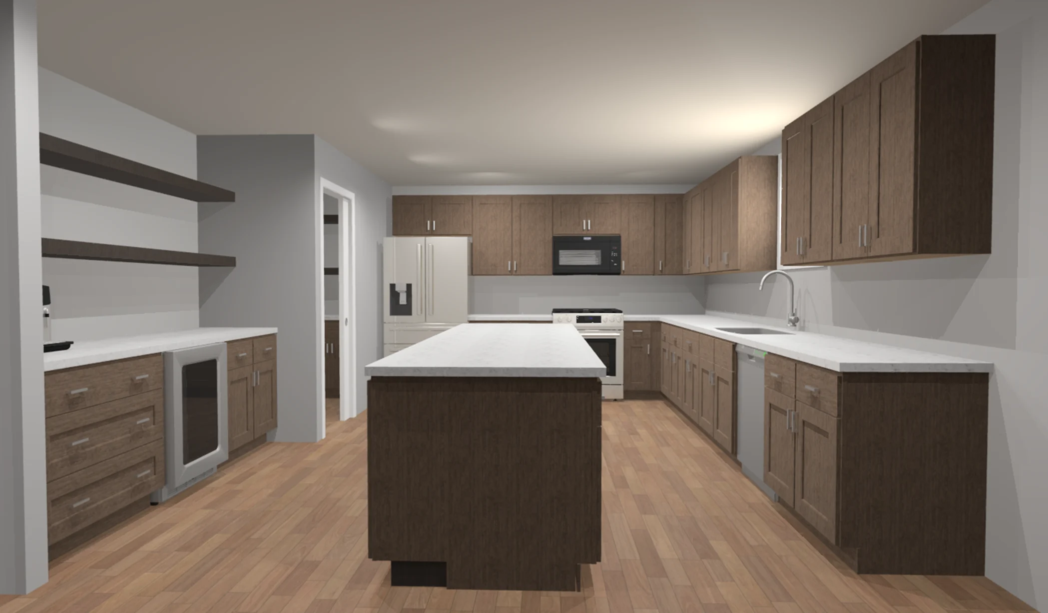 Kitchen with dark wood cabinets, white counters, an island, stainless steel appliances, open shelves and wood flooring