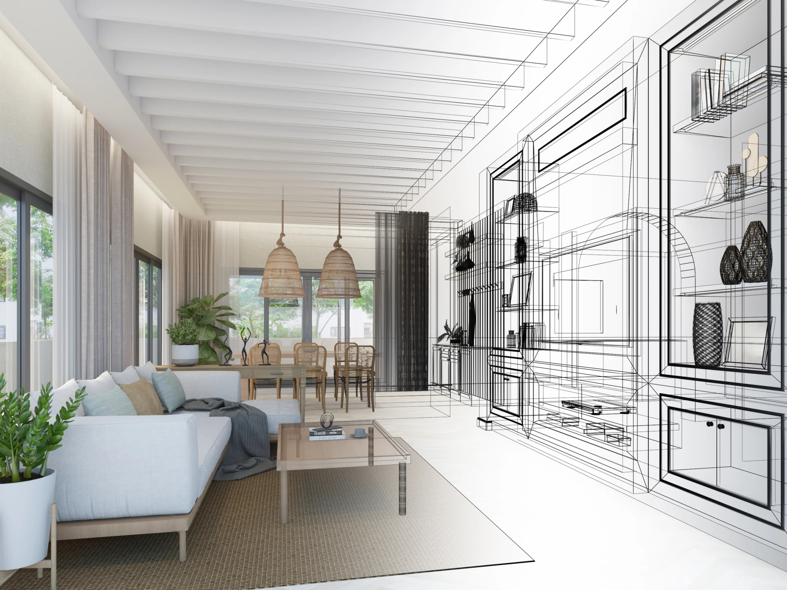 Living and dining room with sofa, plants and pendant lamps; the right side transitions into a wireframe drawing
